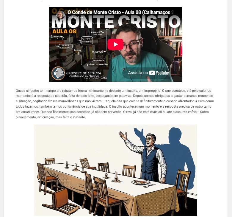 Página de aula do Gabinete, com vídeo exclusivo incorporado, análise escrita e ilustração